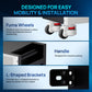 Product features with Fuma Wheels, handle, and L-shaped brackets on a blue background