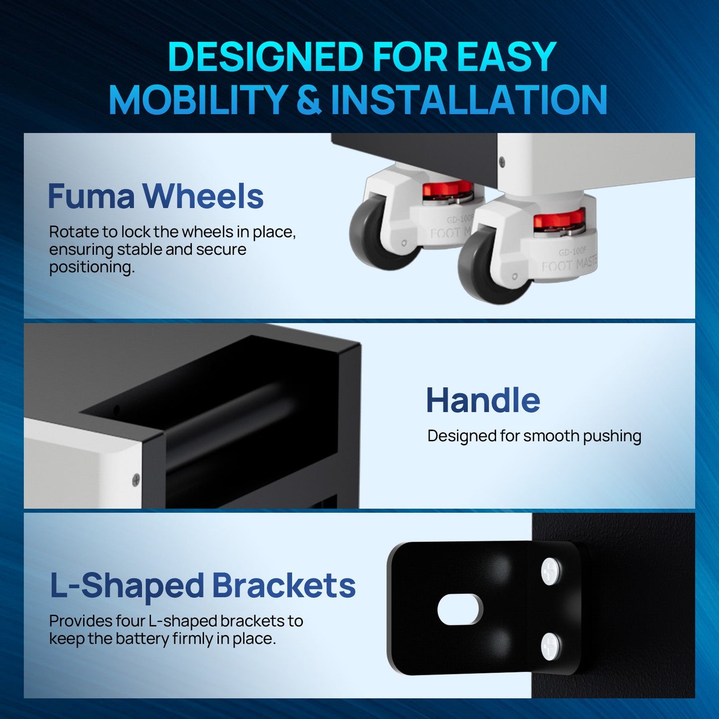 Product features with Fuma Wheels, handle, and L-shaped brackets on a blue background