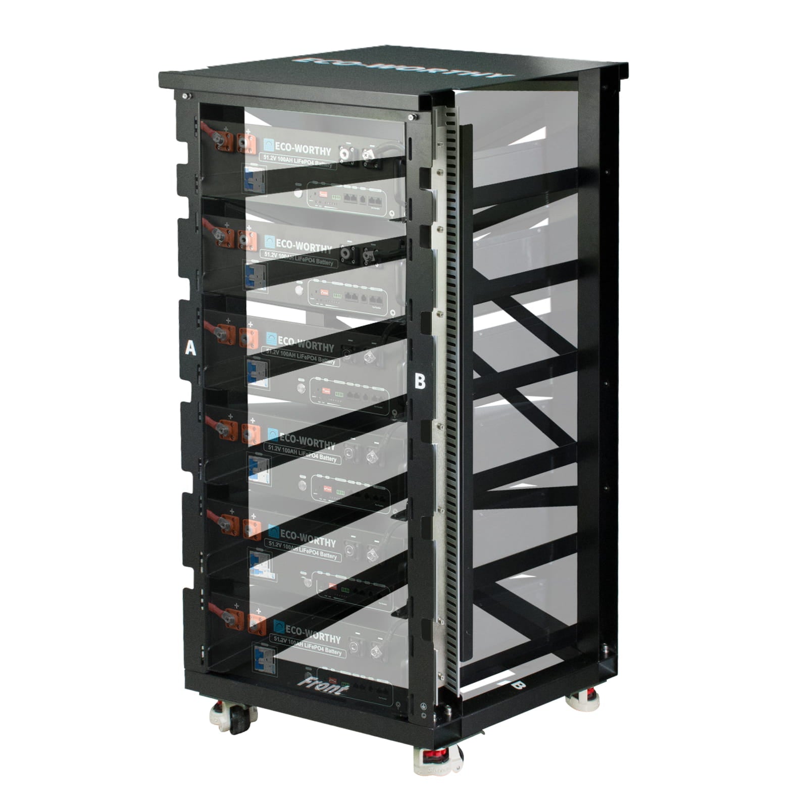 Black electronic equipment rack with multiple compartments on a white background