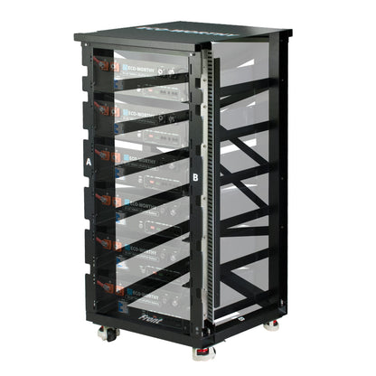 Black electronic equipment rack with multiple compartments on a white background