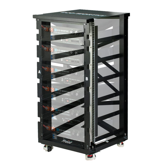 Black electronic equipment rack with multiple compartments on a white background