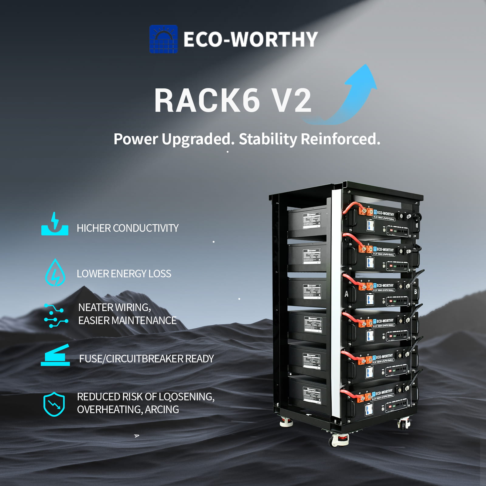 ECO-WORTHY RACK6 V2 battery system with mountainous background