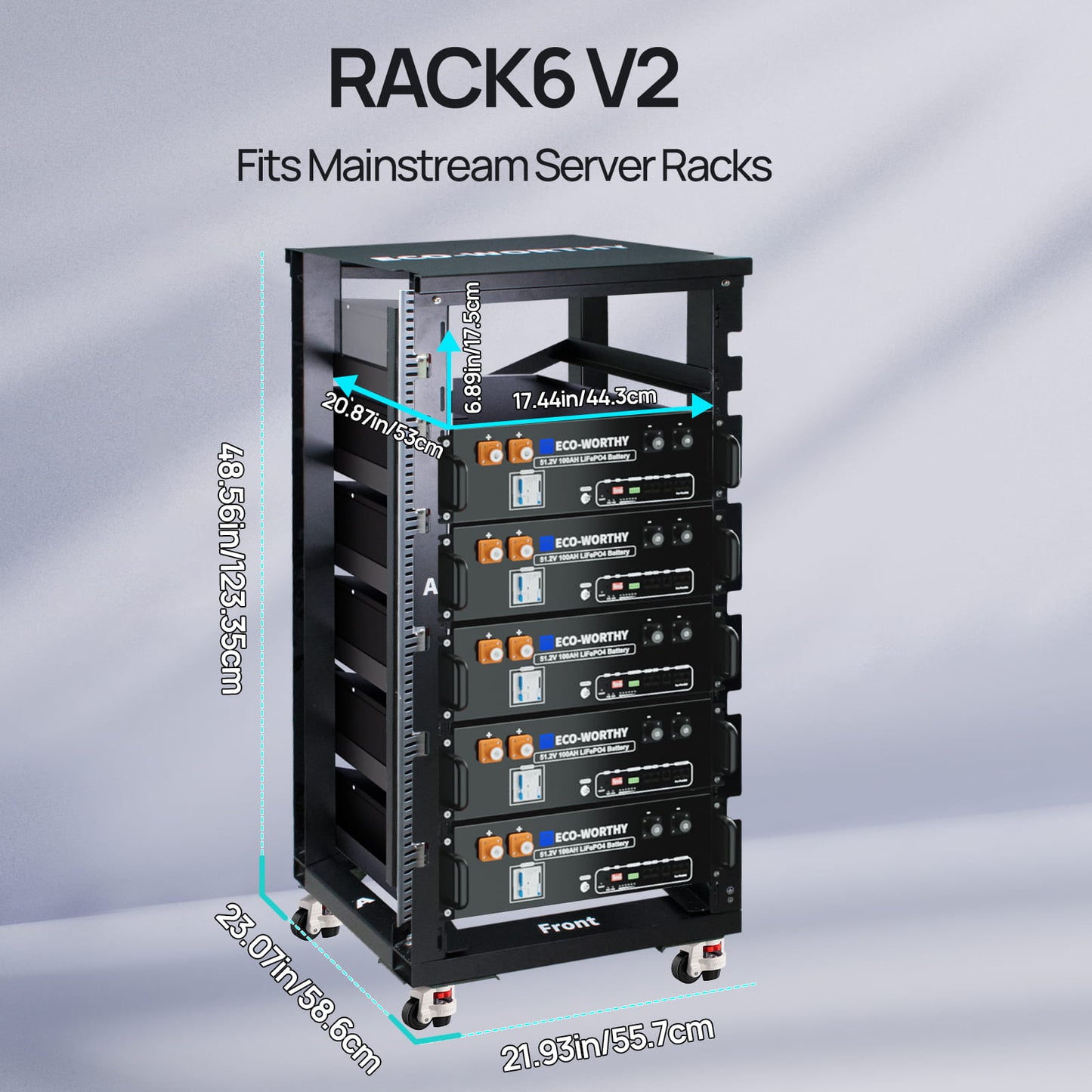 Server rack with dimensions labeled on a gray background