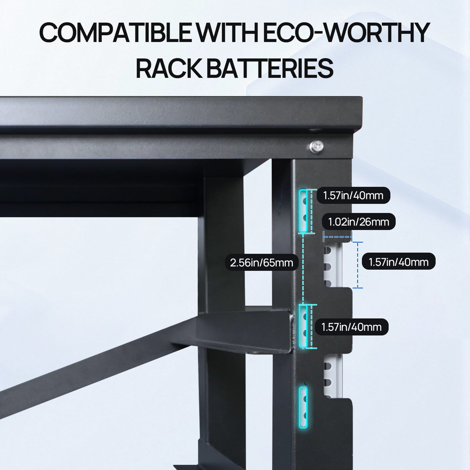 Black metal rack with measurements and text indicating compatibility with eco-worthy rack batteries on a light blue background.