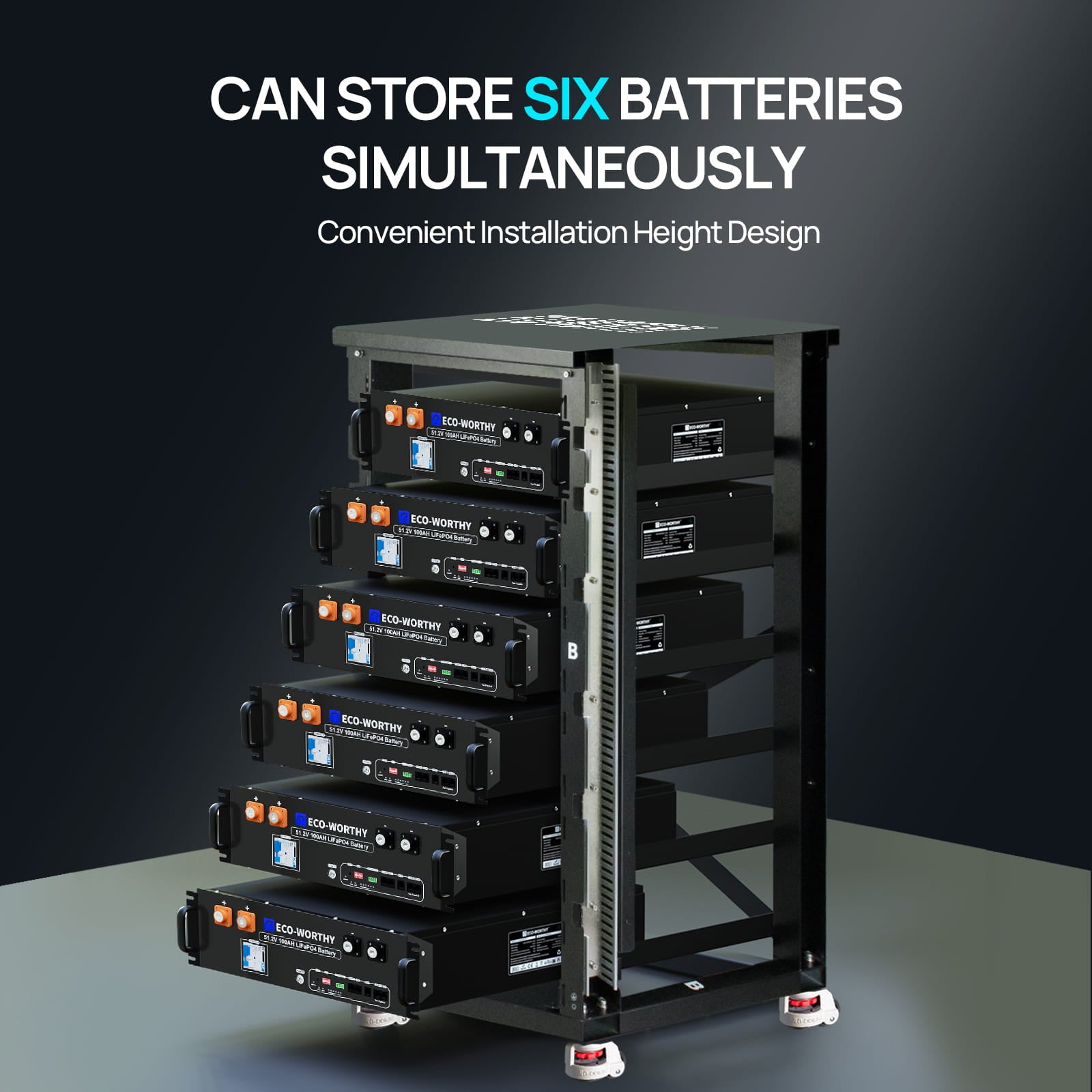 Black battery storage rack with six batteries on a dark background