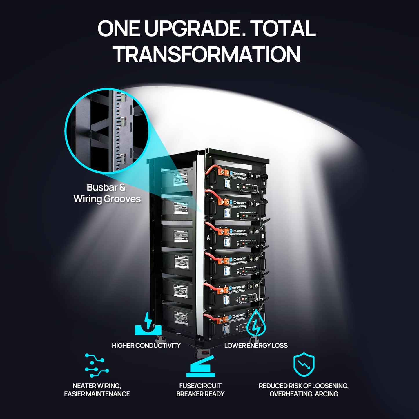 Electrical battery system with features highlighted on a dark background
