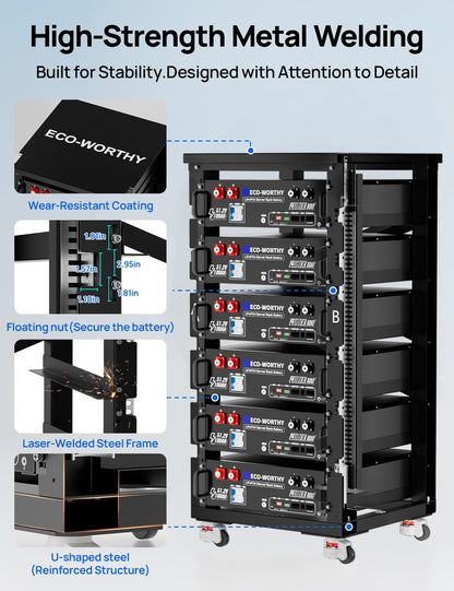 ECO-WORTHY battery rack with features highlighted on a light gray background