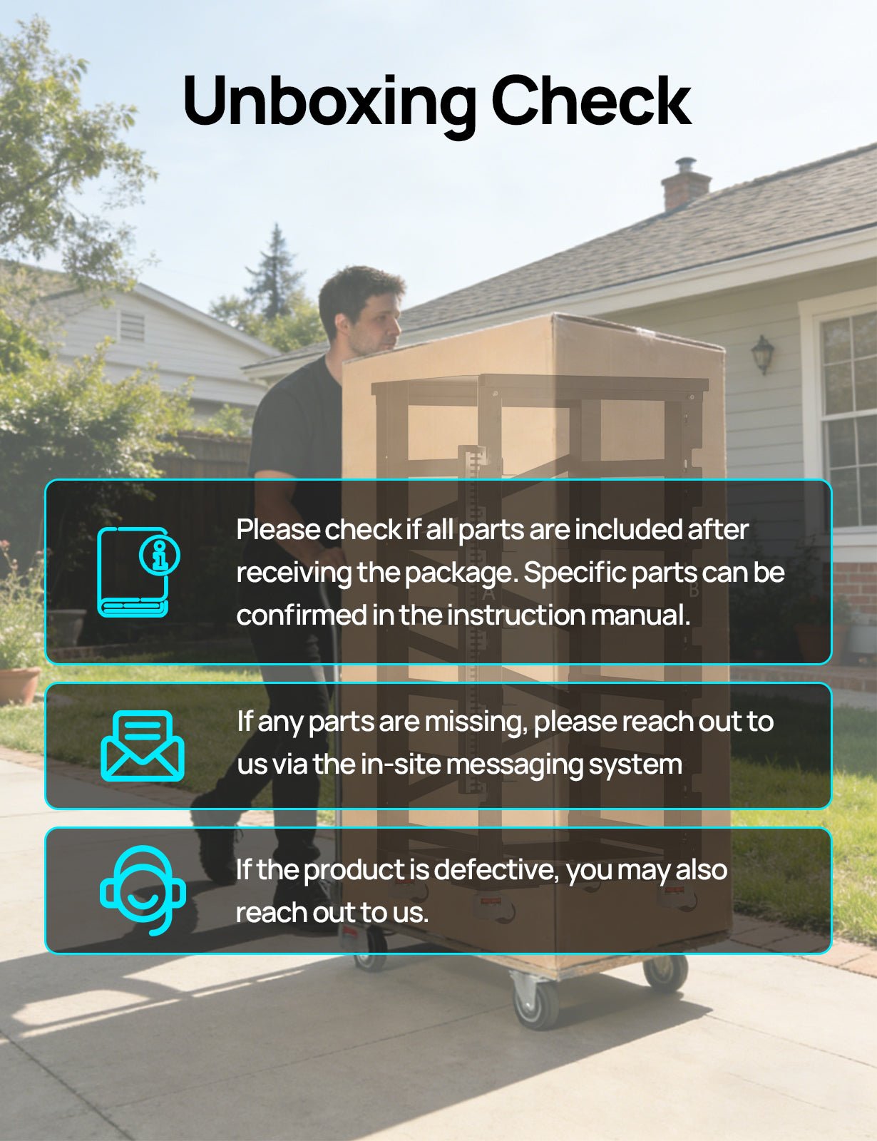 Person unboxing a package outside a house with text overlay on how to check for missing parts and contact support.