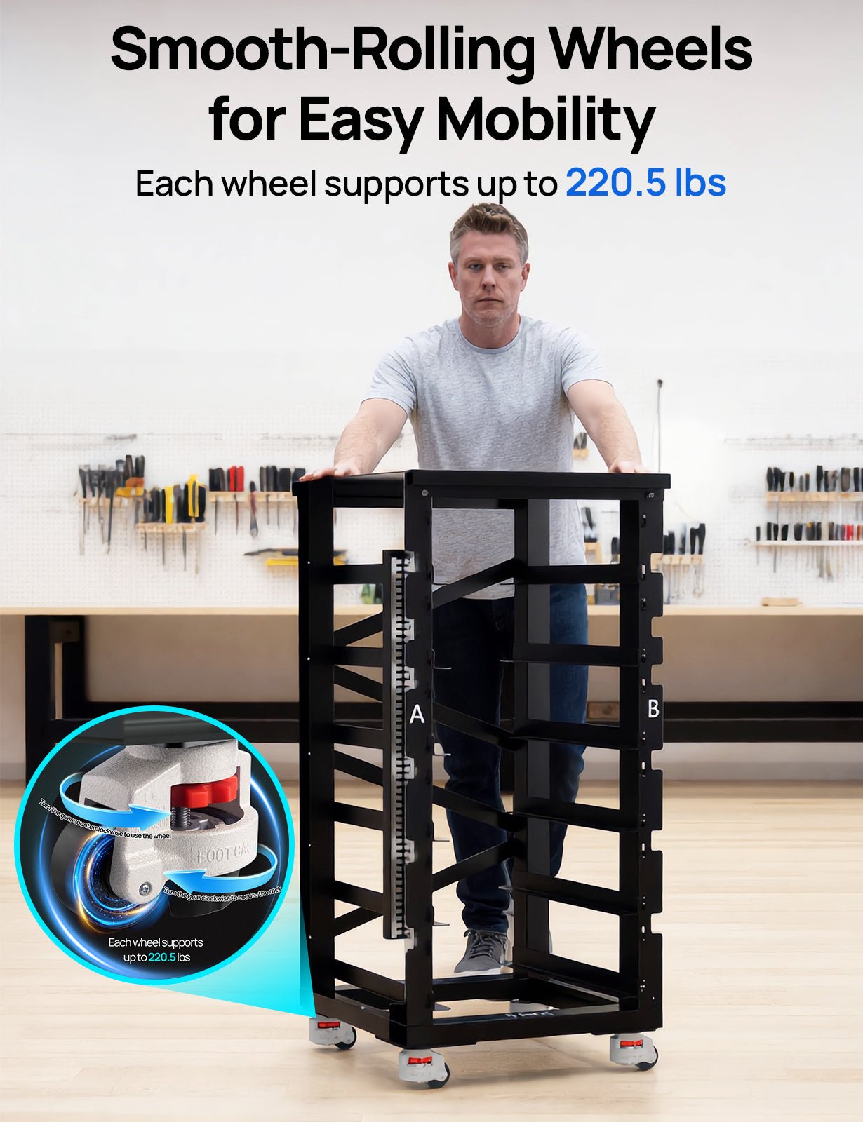 Person using a black rolling cart with smooth-rolling wheels in a workshop setting.