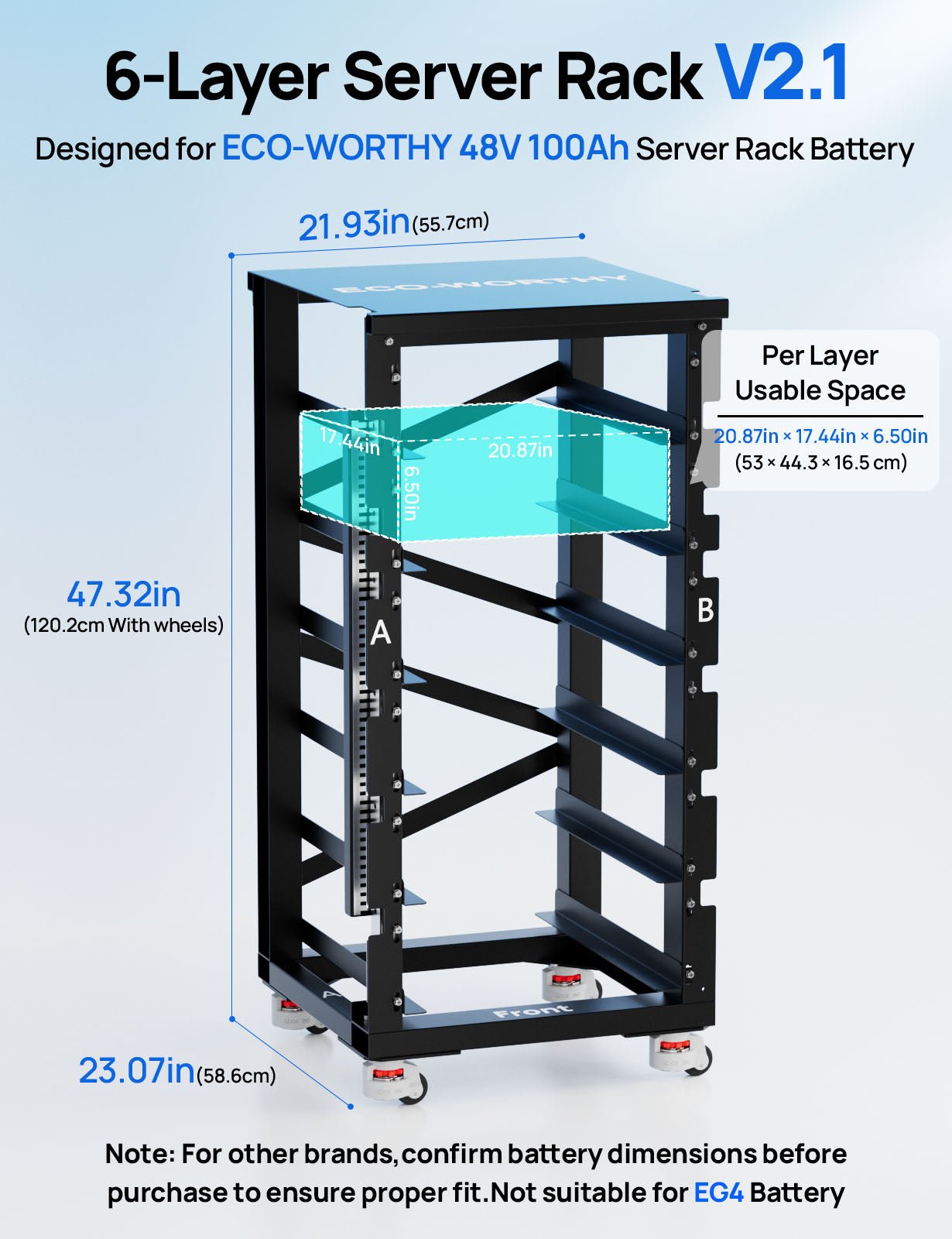 6-layer server rack V2.1 with dimensions and specifications on a light blue background