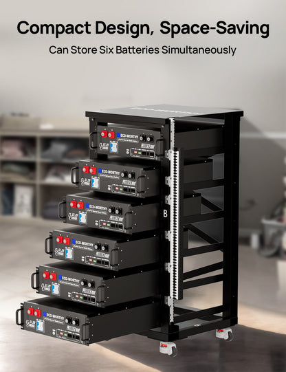 Stack of battery storage units on a stand with text 'Compact Design, Space-Saving Can Store Six Batteries Simultaneously'.