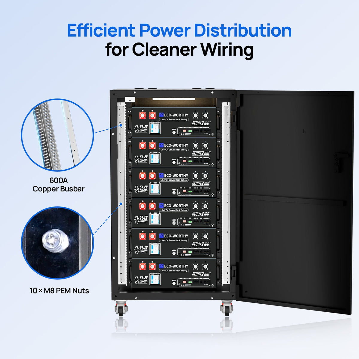Front view of ECO-WORTHY RACK6 V3 six-battery cabinet with 600A copper busbars and M8 PEM nut connection details