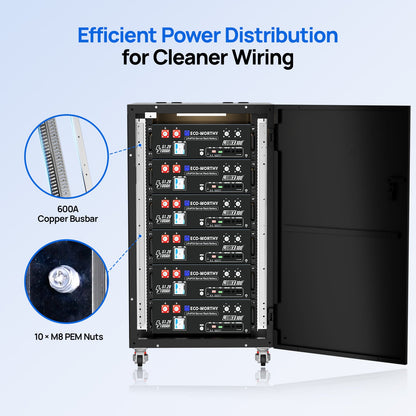 Front view of ECO-WORTHY RACK6 V3 six-battery cabinet with 600A copper busbars and M8 PEM nut connection details