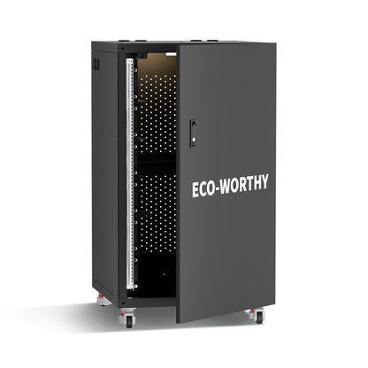ECO-WORTHY RACK6 V3 empty battery cabinet with partially open door, internal mounting rails and caster wheels