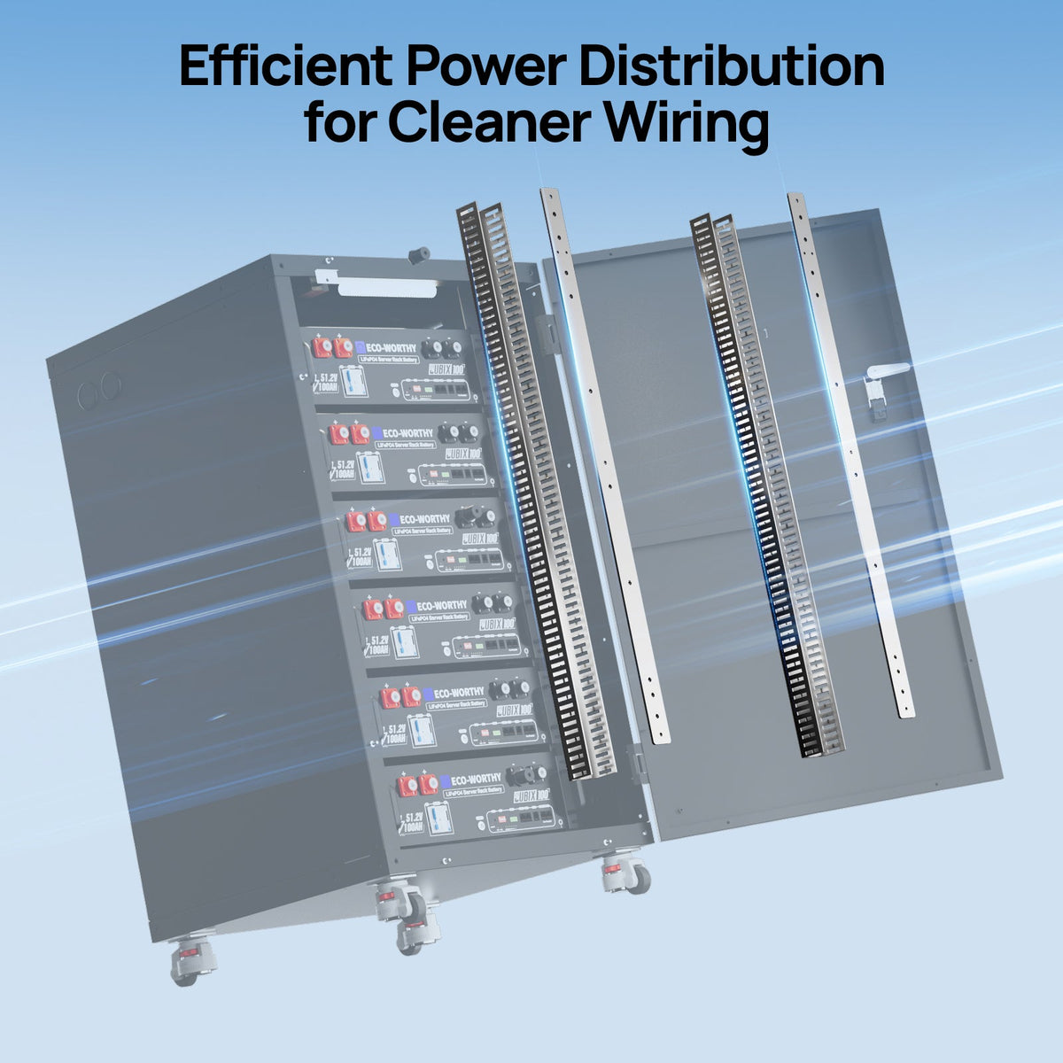 ECO-WORTHY RACK6 V3 battery cabinet exploded view showing rack batteries, vertical busbars and mounting components