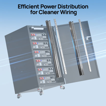 ECO-WORTHY RACK6 V3 battery cabinet exploded view showing rack batteries, vertical busbars and mounting components