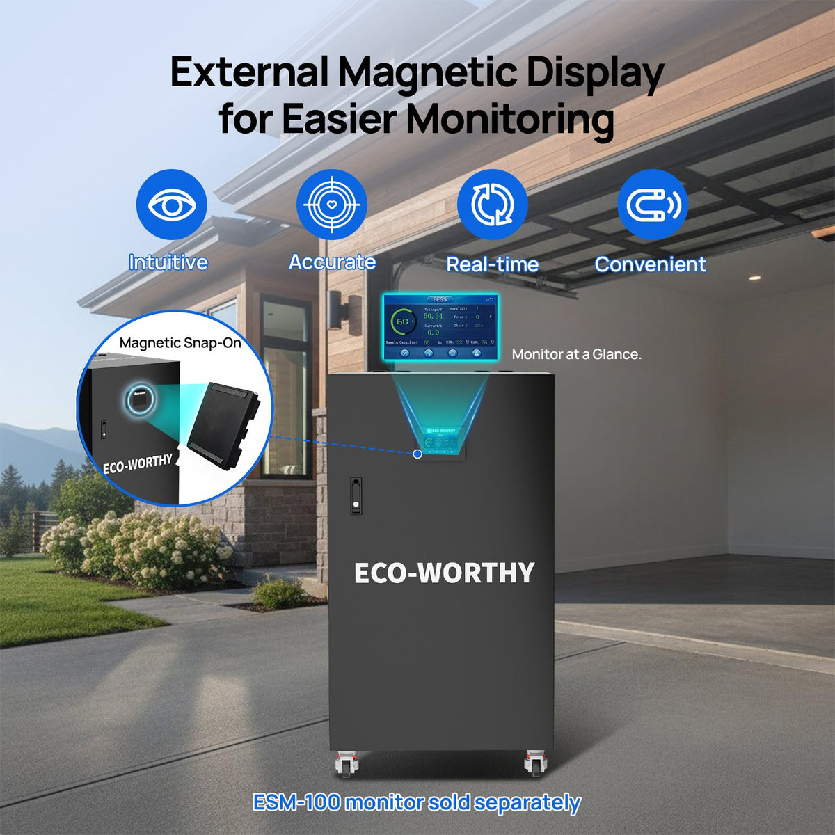 ECO-WORTHY RACK6 V3 battery cabinet in a garage with an external magnetic display for battery monitoring