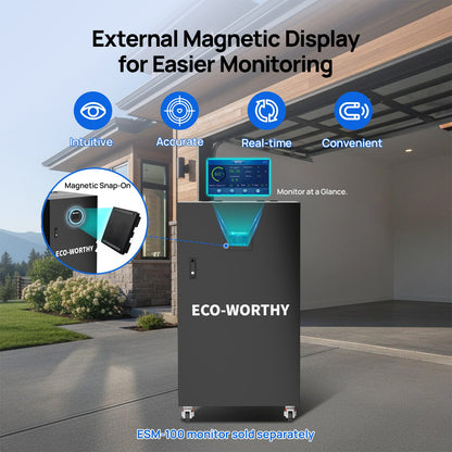 ECO-WORTHY RACK6 V3 battery cabinet in a garage with an external magnetic display for battery monitoring