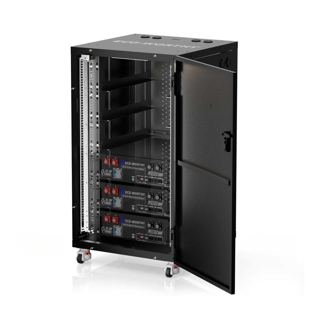 ECO-WORTHY RACK6 V3 server rack battery cabinet with open door, installed rack batteries, mounting rails and caster wheels