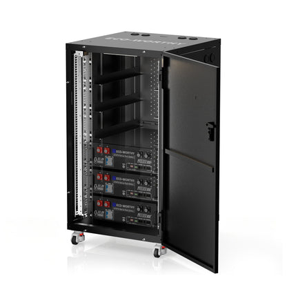 ECO-WORTHY RACK6 V3 server rack battery cabinet with open door, installed rack batteries, mounting rails and caster wheels