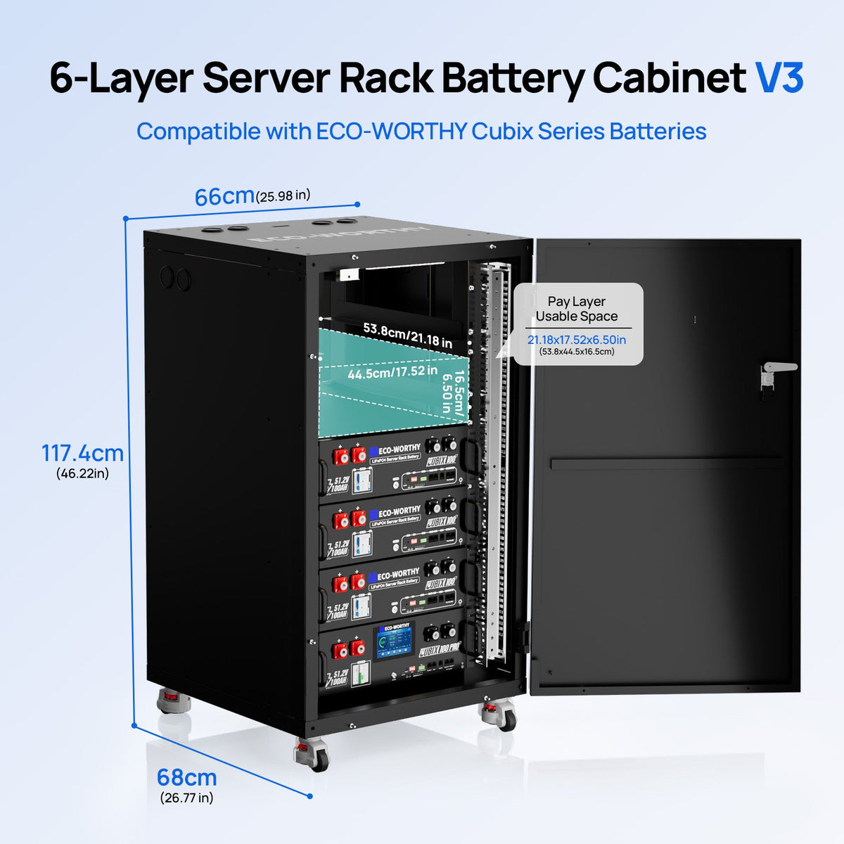 ECO-WORTHY RACK6 V3 six-tier battery cabinet dimensions and usable shelf space for Cubix series batteries