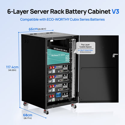ECO-WORTHY RACK6 V3 six-tier battery cabinet dimensions and usable shelf space for Cubix series batteries