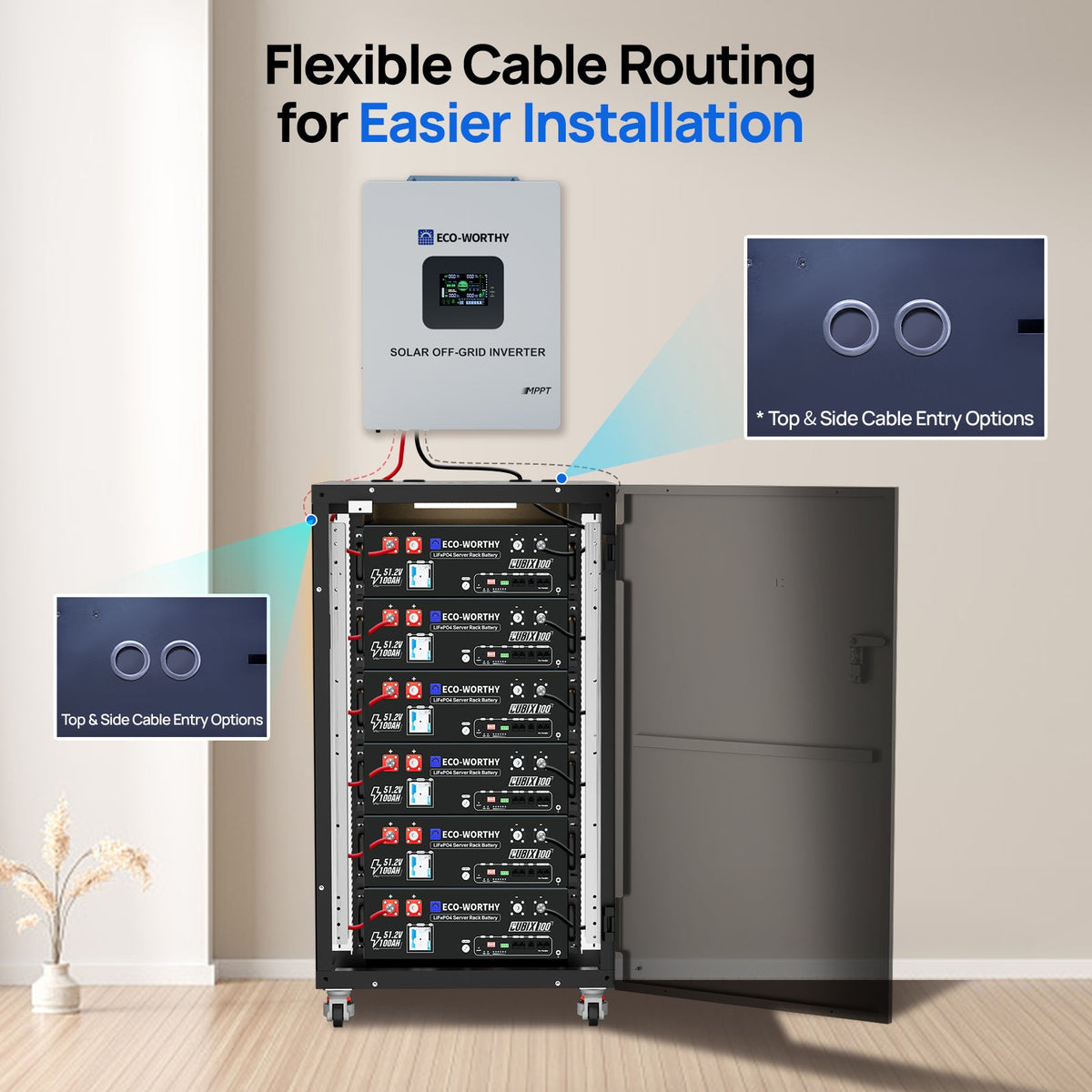 ECO-WORTHY RACK6 V3 battery cabinet below a wall-mounted inverter, showing top and side cable entry options