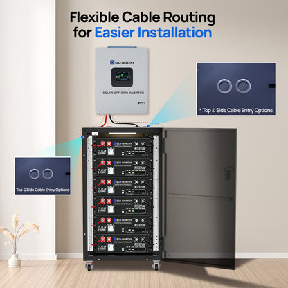 ECO-WORTHY RACK6 V3 battery cabinet below a wall-mounted inverter, showing top and side cable entry options