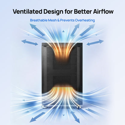 Rear ventilation panel of ECO-WORTHY RACK6 V3 battery cabinet with arrows illustrating cooling airflow