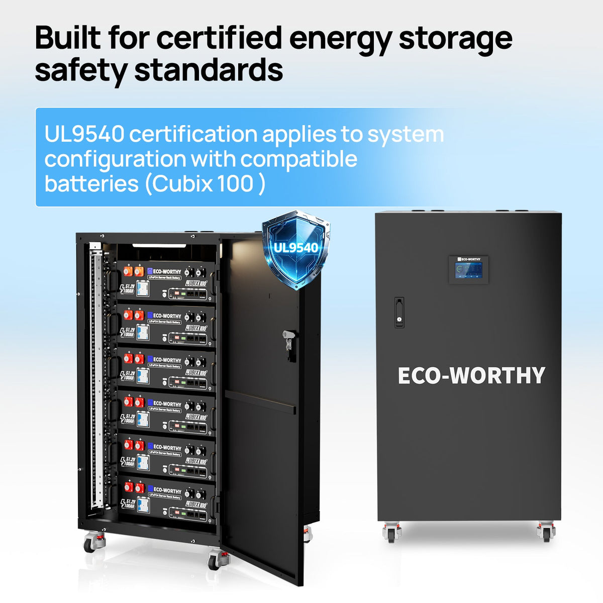 ECO-WORTHY RACK6 V3 battery cabinet shown open and closed with Cubix100 batteries and UL9540 system configuration information