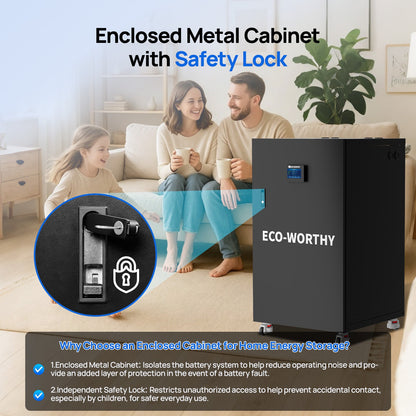 ECO-WORTHY RACK6 V3 enclosed metal battery cabinet with safety door lock shown in a family living room