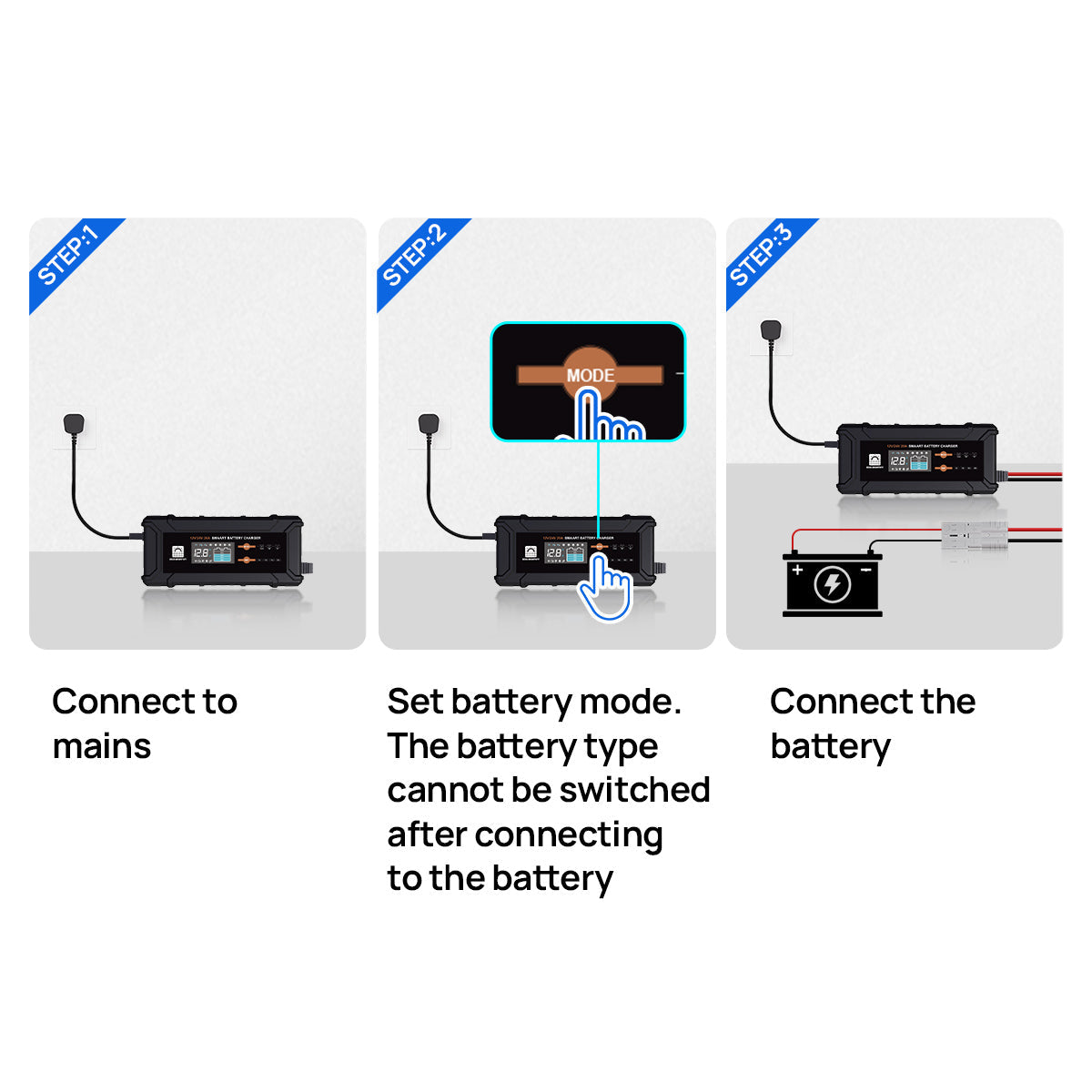 Step-by-step guide on connecting a battery charger with illustrations and text.