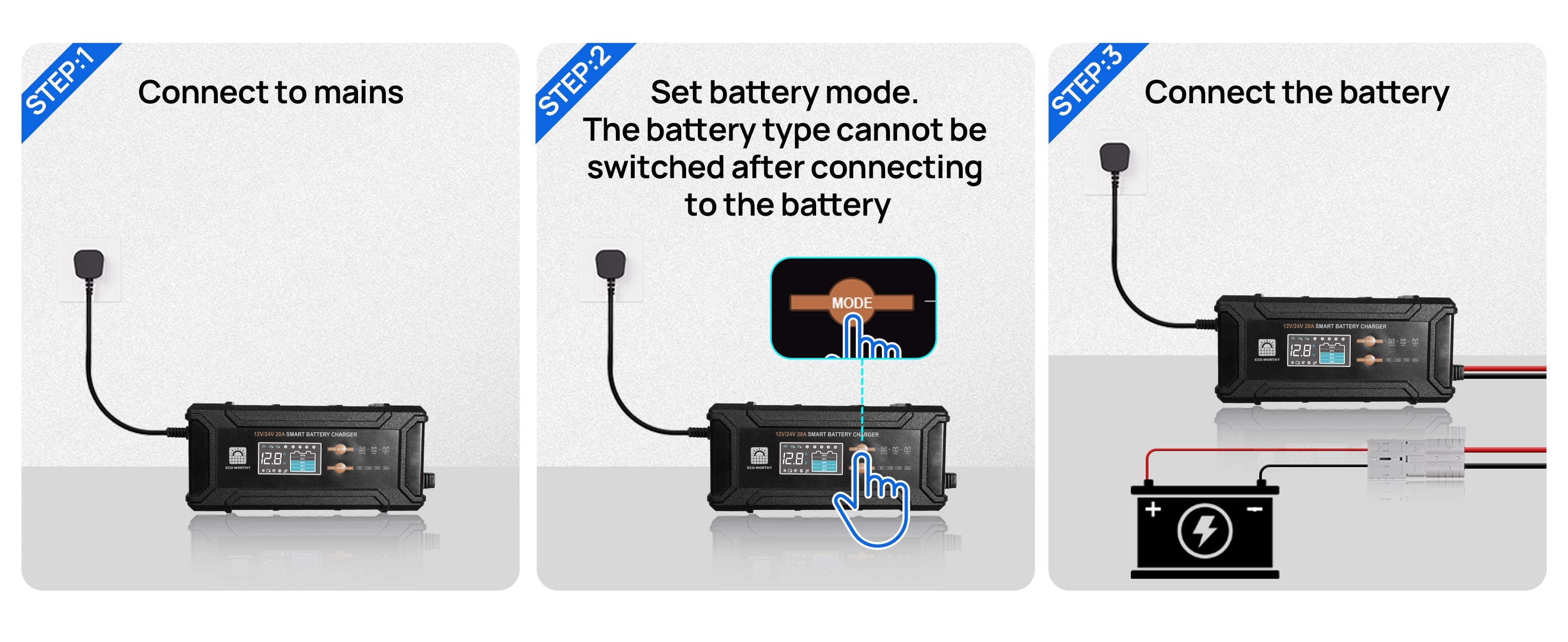 Step-by-step guide on connecting a battery with text instructions.