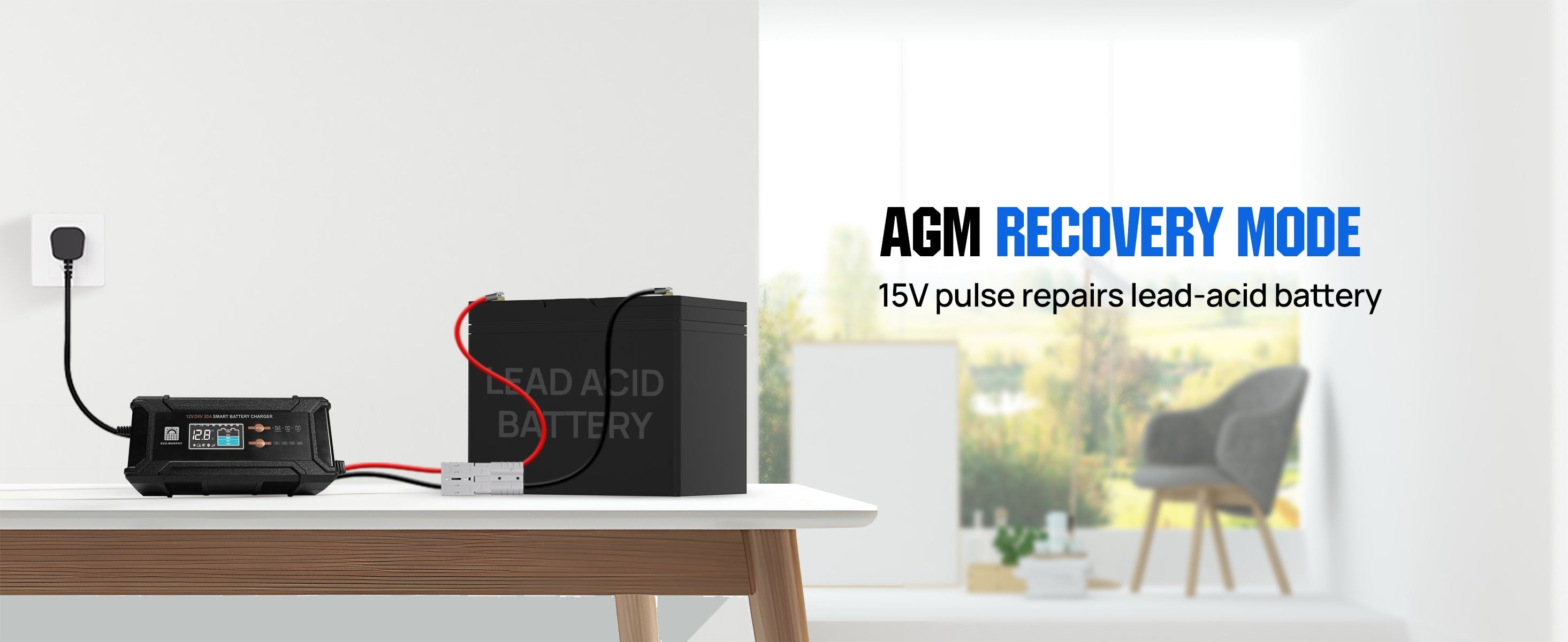 Battery and charger on a table with 'AGM Recovery Mode' text in the background
