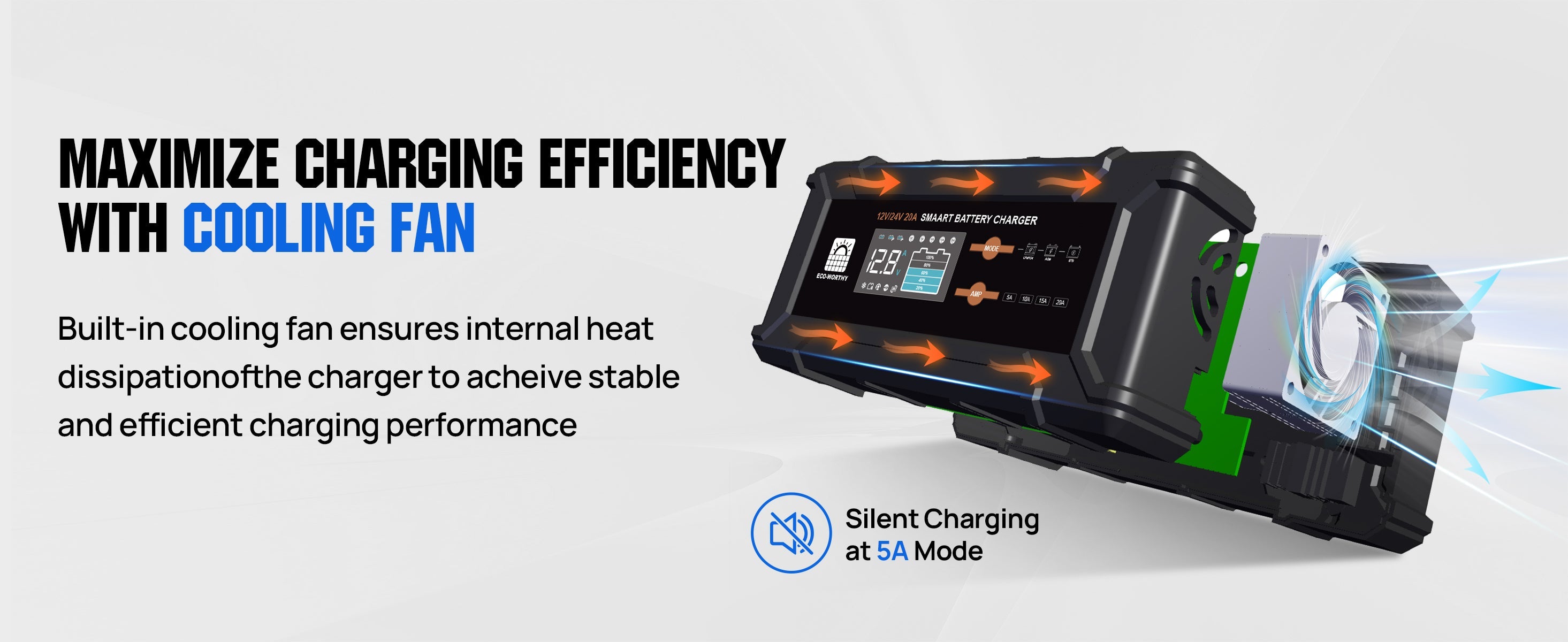 Battery charger with cooling fan and text about charging efficiency on a white background