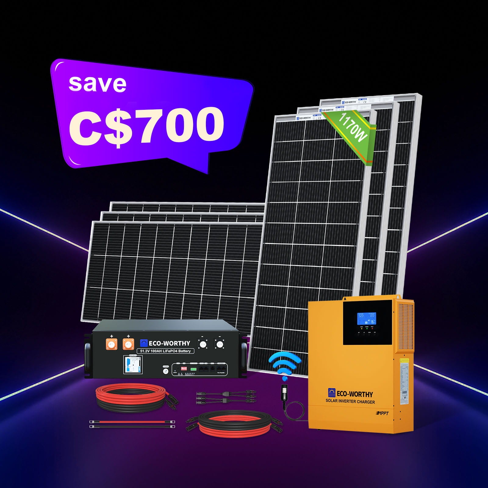 1170W 48V(6x195W) Complete off GridSolar Kit |5.12kWh Battery capacity4680Wh Daily Generation