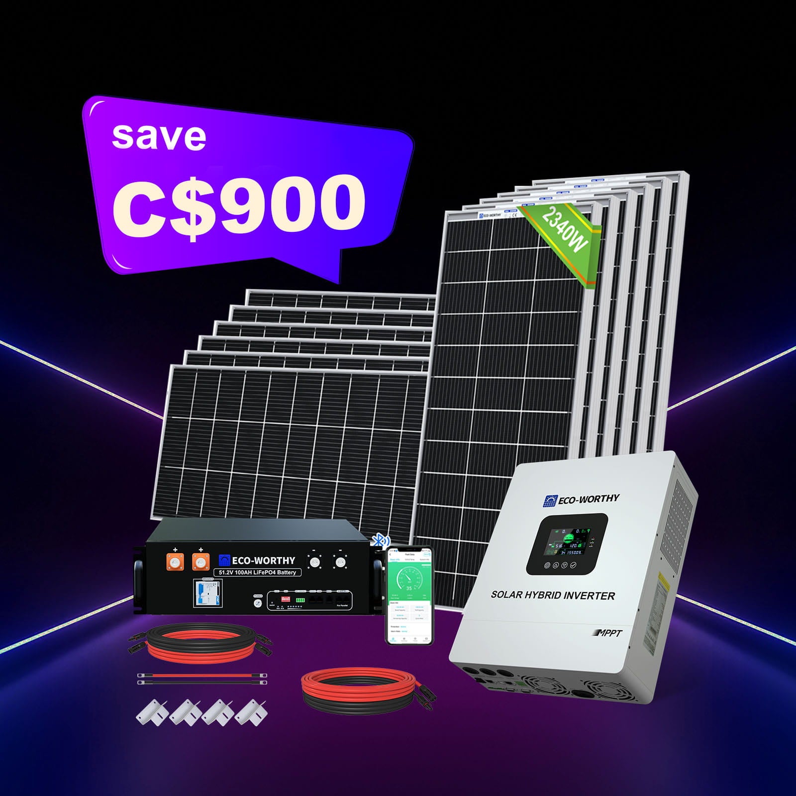 2340W 48V (12x Bifacial 195W) completeMPPT off Grid solar Kit|5.12kWh BatteryCapacity|120V/240V Ac split Phase Output
