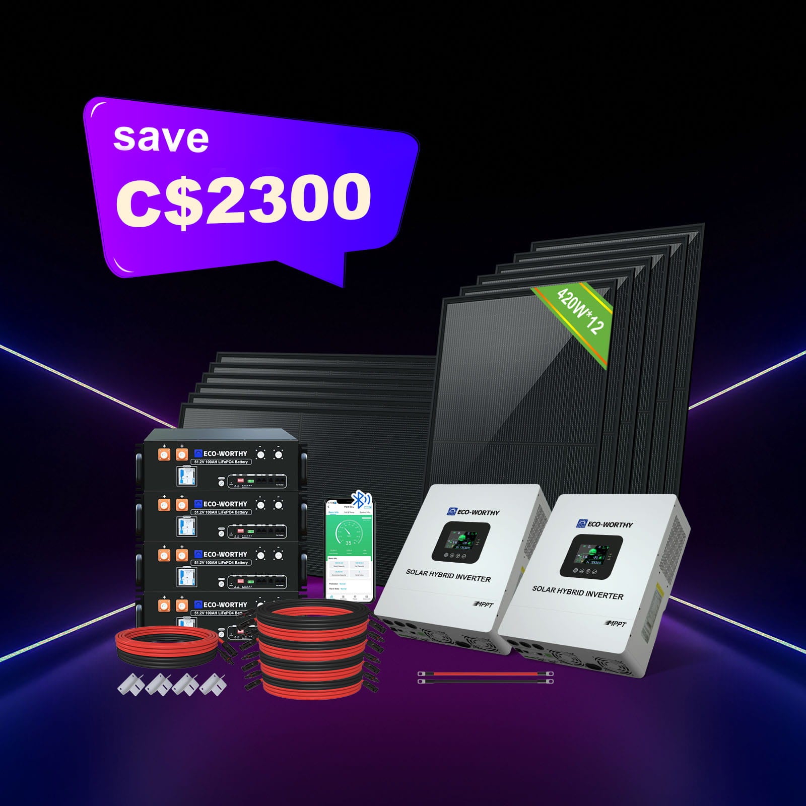 5040W 48V (12x N-Type 420w) completeOff Grid solar Kit |20.48kWh BatteryCapacity |120VAC/240VAC 5000w splitPhase Output