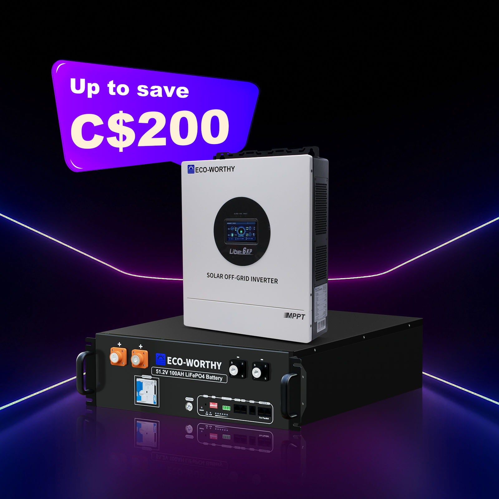 ECO-WORTHY 6KW Home Backup Solar Power Bundle, 48V 100Ah LiFePO4 Battery and 6000W Solar Off-grid Split-phase AIO Inverter