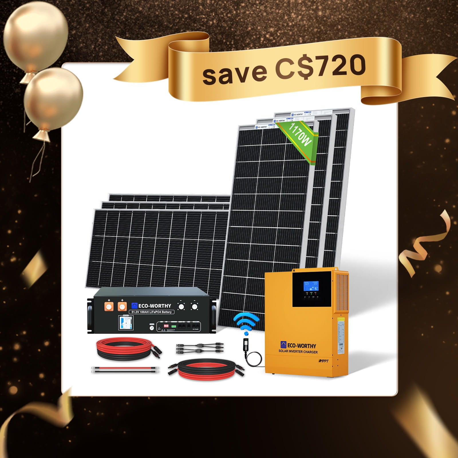 1170W 48V(6x195W) Complete off GridSolar Kit |5.12kWh Battery capacity4680Wh Daily Generation