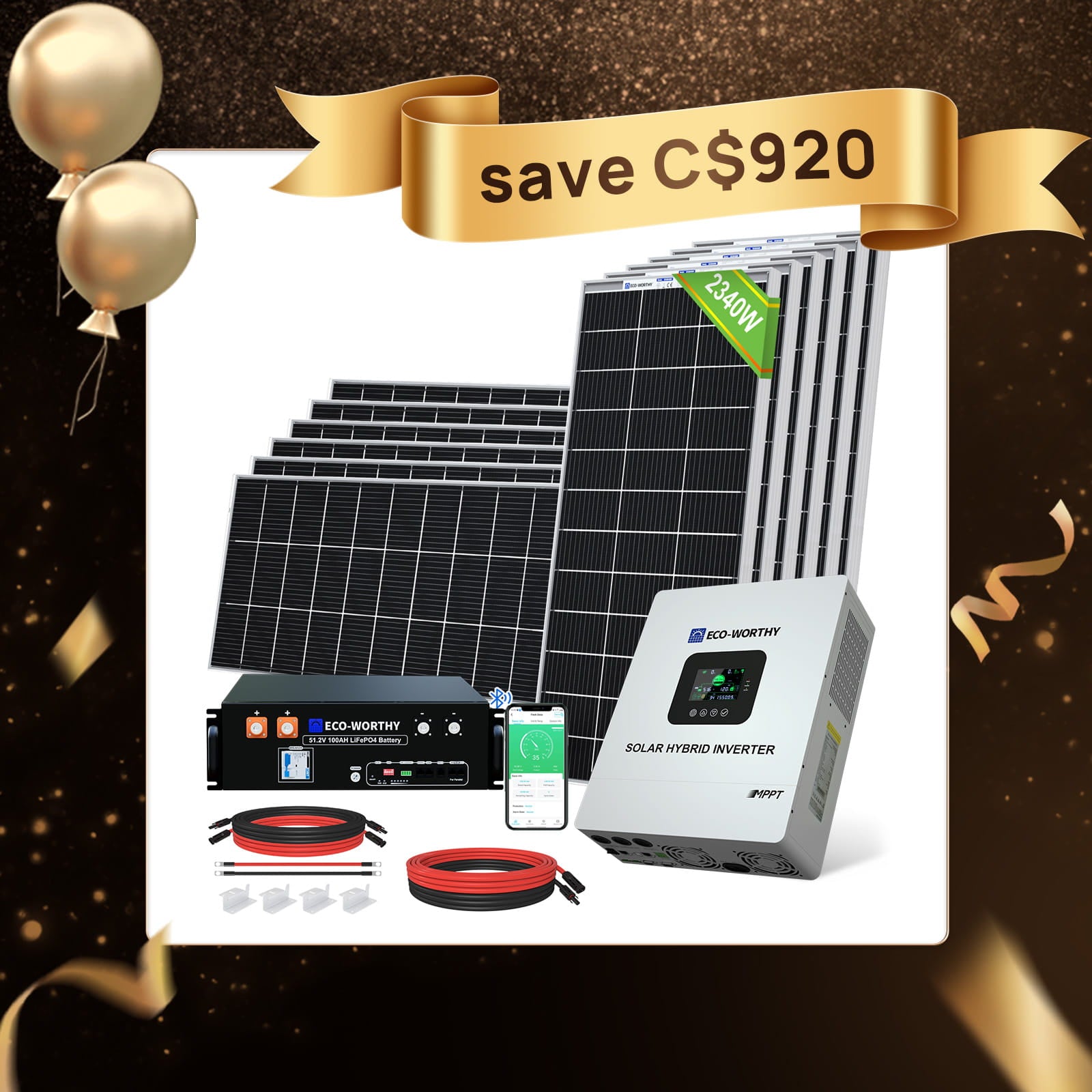 2340W 48V (12x Bifacial 195W) completeMPPT off Grid solar Kit|5.12kWh BatteryCapacity|120V/240V Ac split Phase Output