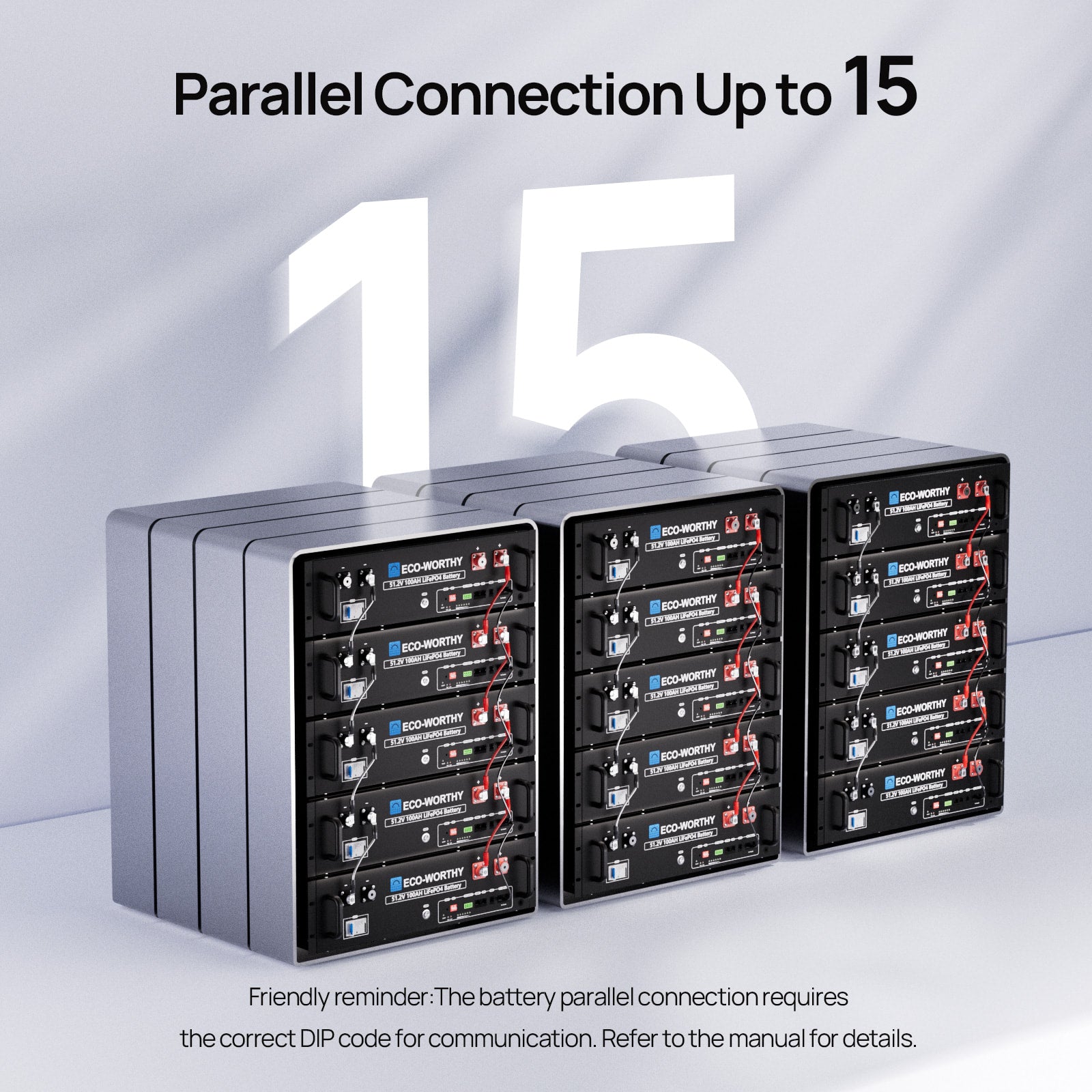 ECO-WORTHY 51.2V 100Ah LiFePO4 Server Rack Batteries are parallel connection up to 15.
