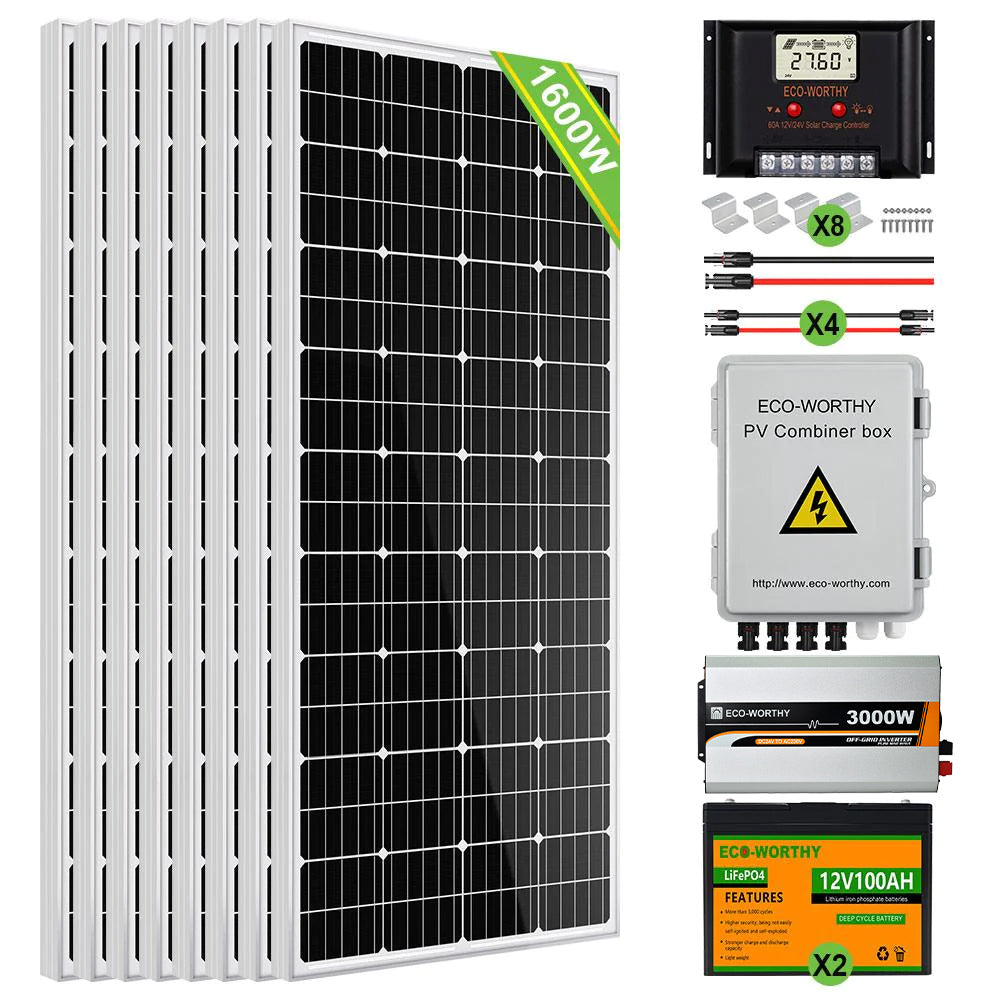 1560W 24V (8x195W) Complete Off Grid Solar Kit with 3kW Inverter + 2.4kWh Lithium