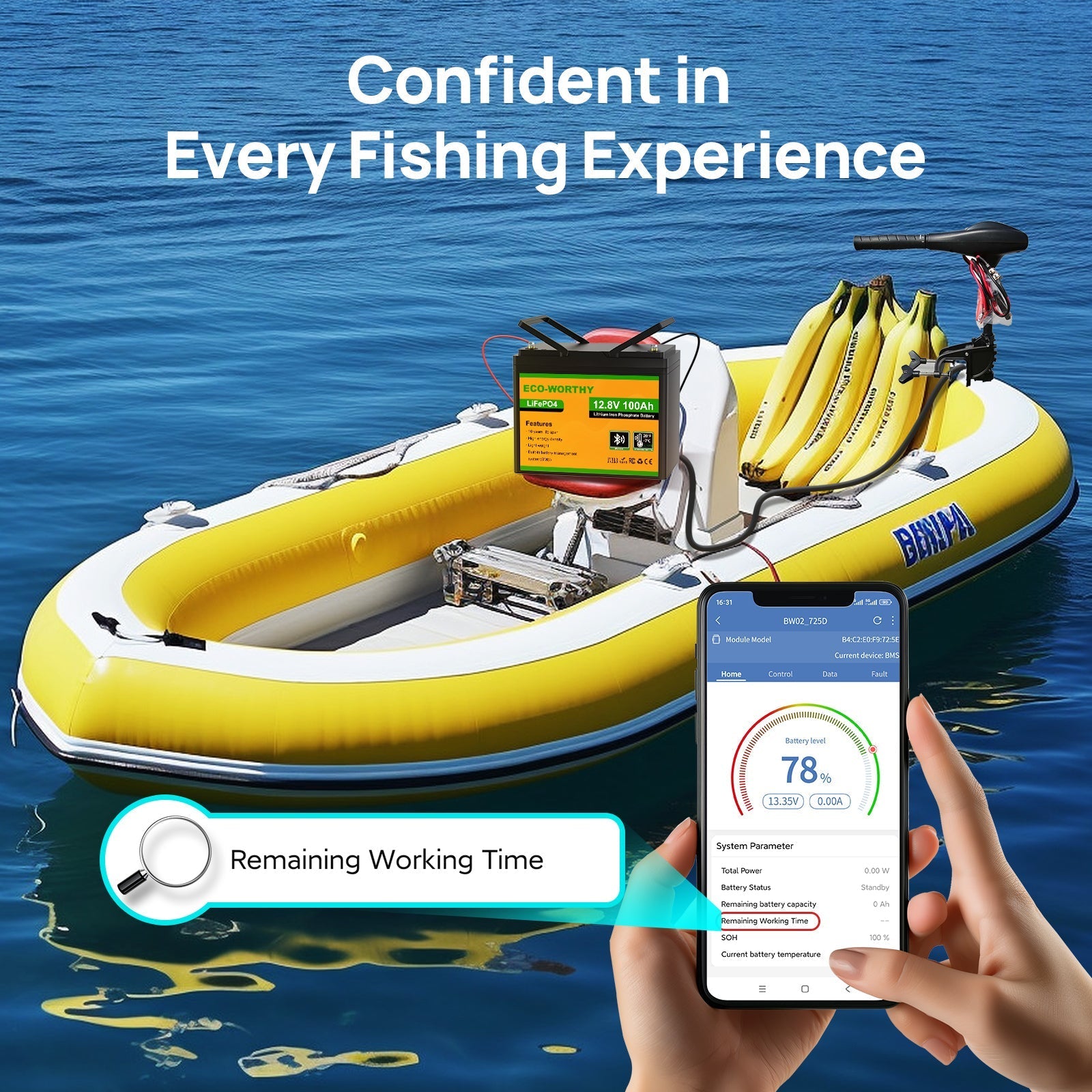 Inflatable fishing boat with battery and smartphone app on water