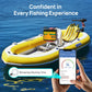 Inflatable fishing boat with battery and smartphone app on water