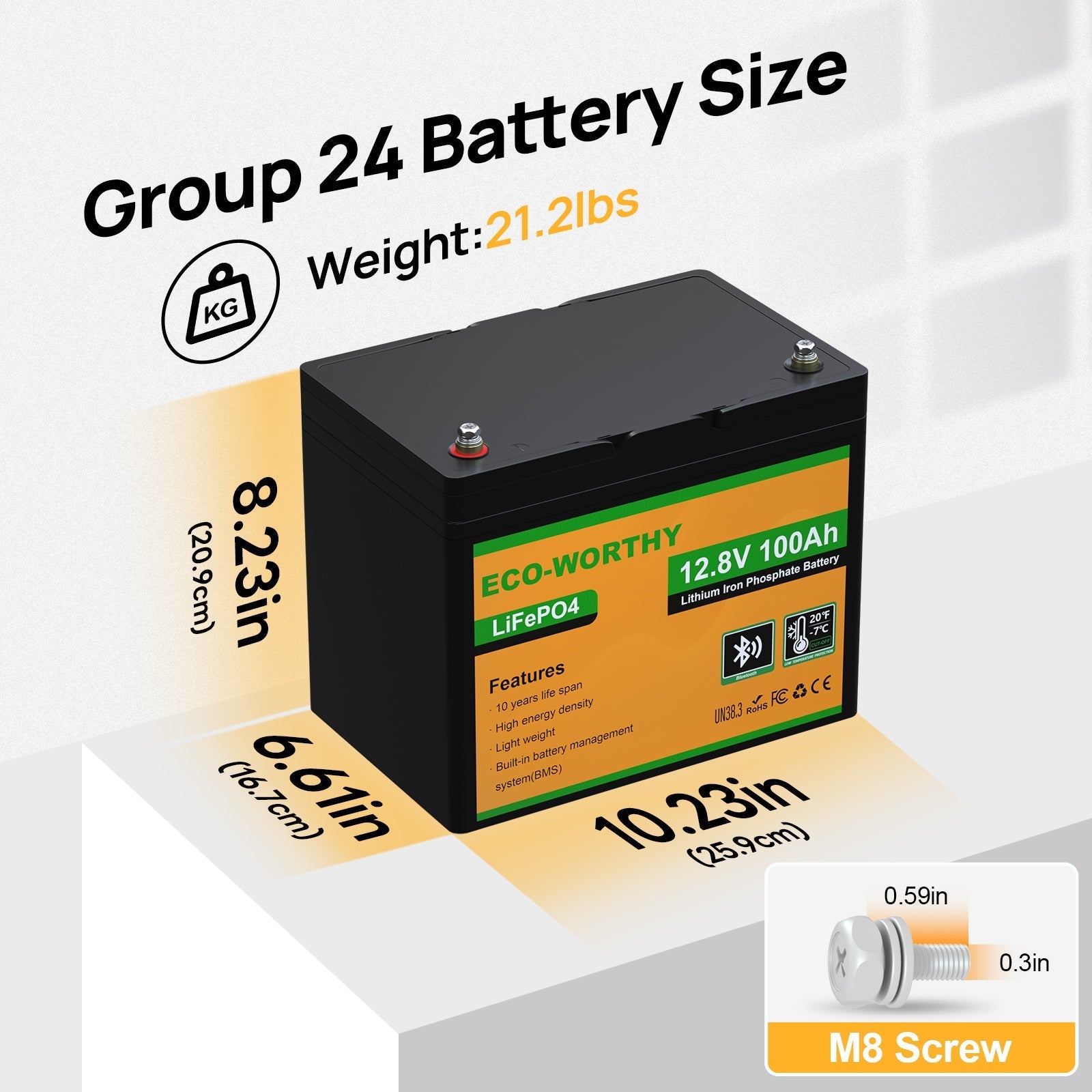 ECO-WORTHY lithium iron phosphate battery with dimensions and weight information on a white background