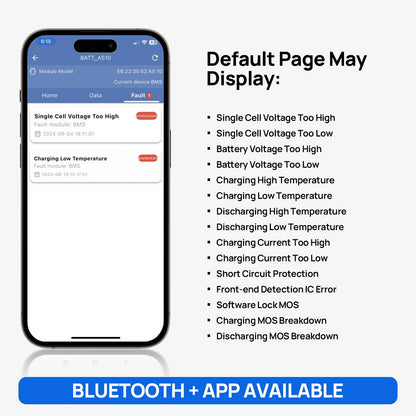 Phone screen displaying battery monitoring app with error messages and Bluetooth + App availability text.