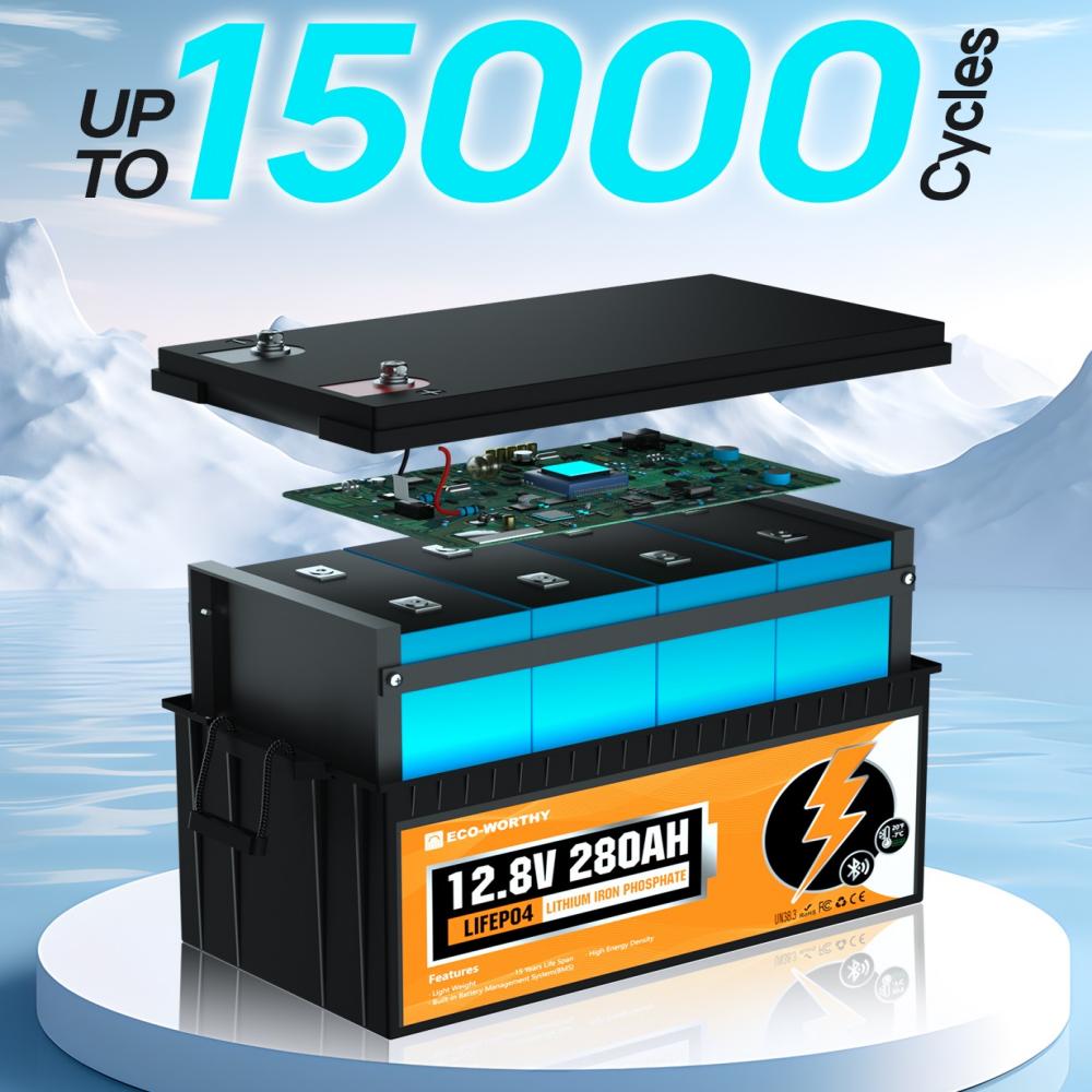 Battery with electronic components on a light blue background, highlighting 'Up to 15000 Cycles' text.