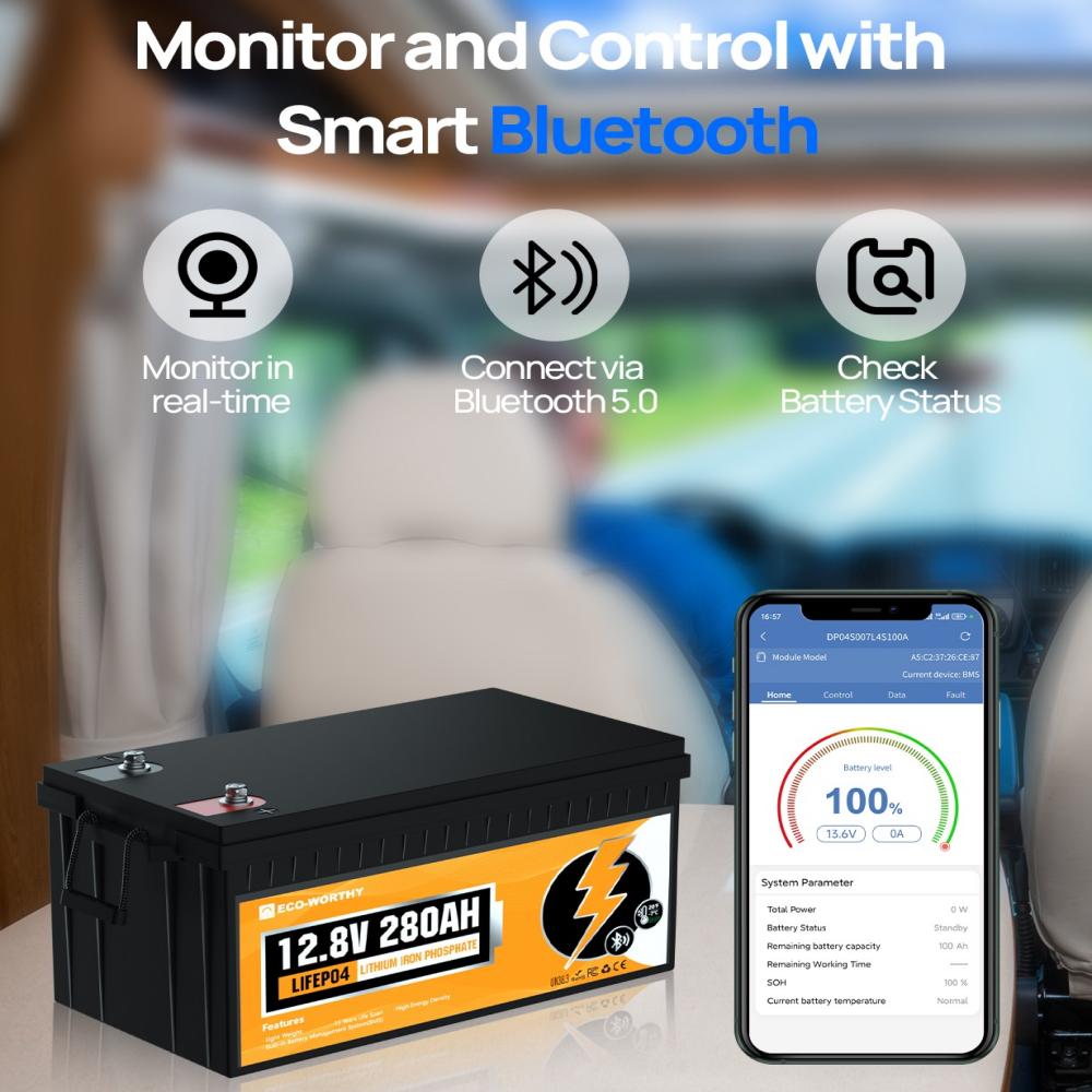 ECO WORTHY LiFePO4 12V 280Ah Lithium Iron Phosphate Battery With Bluetooth And Low-temperature Protection with smartphone displaying battery monitoring app on a blurred car interior background