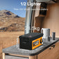 Battery on a counter with a mountain view, text comparing weight and size.